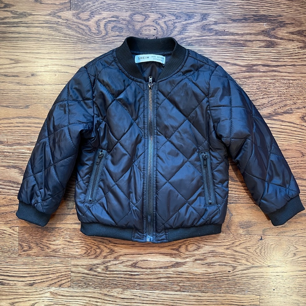 Shein Kids Solid Black All Weather Quilted Puffer Zippered Jacket 12-18 Months